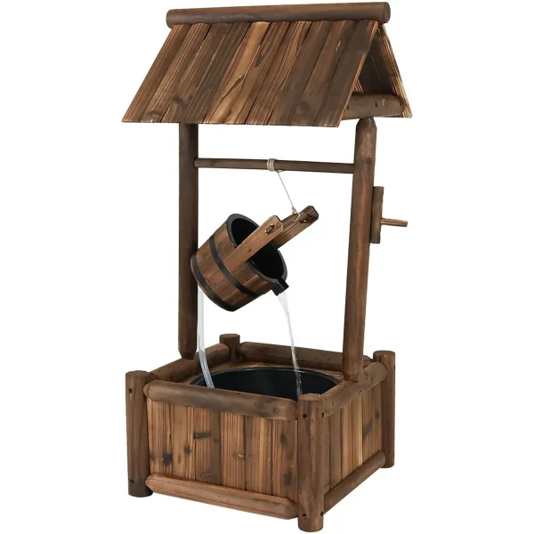 Rustic Wood Wishing Well Outdoor Fountain with Liner